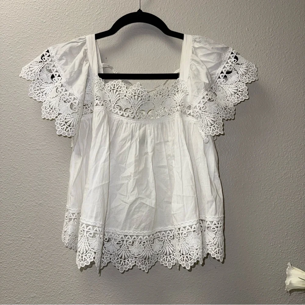 Timing White Crochet Lace Peasant Blouse Boho Cottagecore Top - Picture 1 of 5
